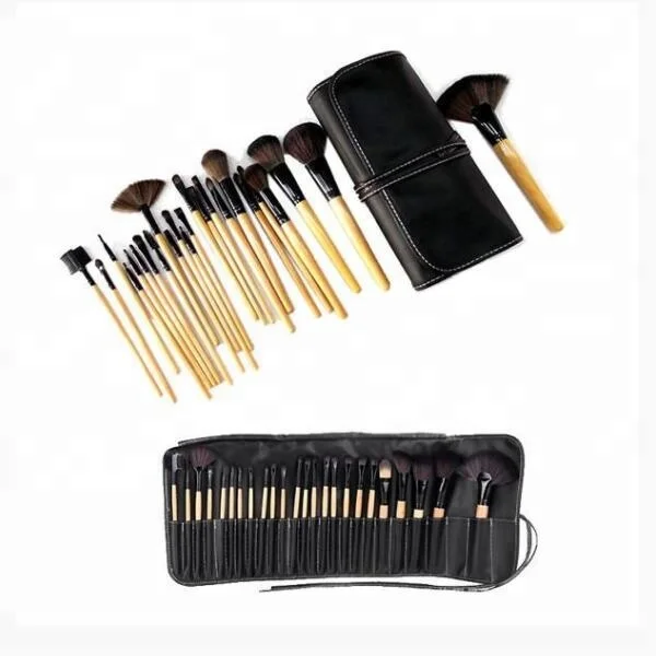 Wood Color 24 PCS Makeup Brush Cosmetic Set Kit Packed Leather Case