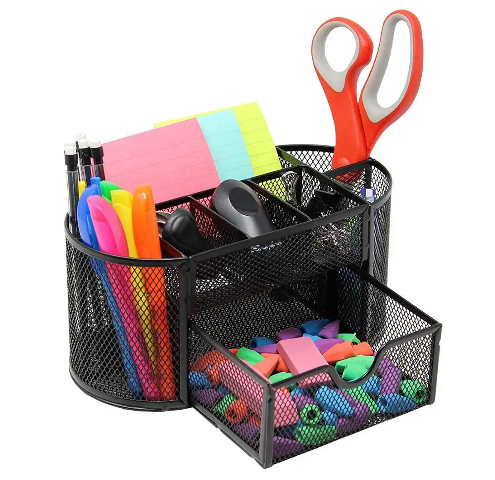 Mesh table Pen Holder 9 components Black With Drawer Office School Desk Stationery Organizer