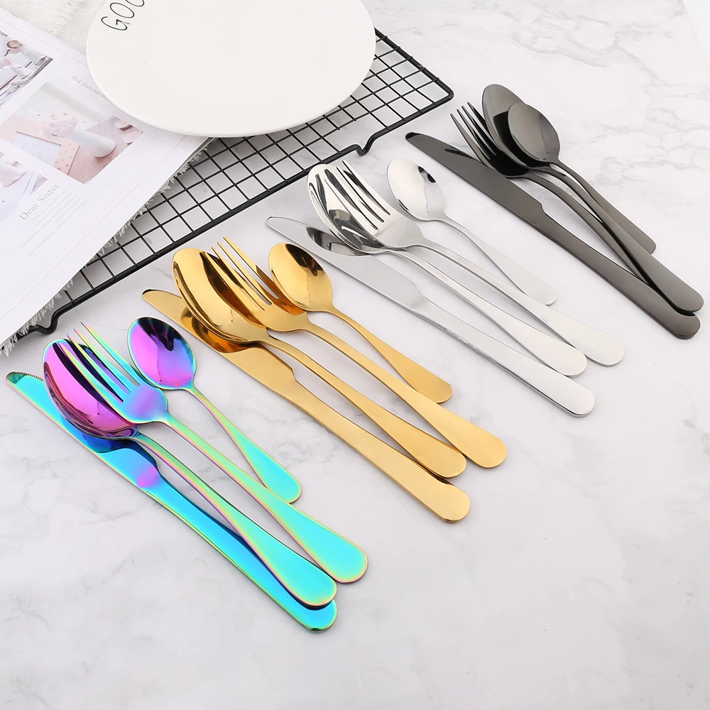 
Knife and fork spoon black handle rose gold spoons stainless steel tableware 