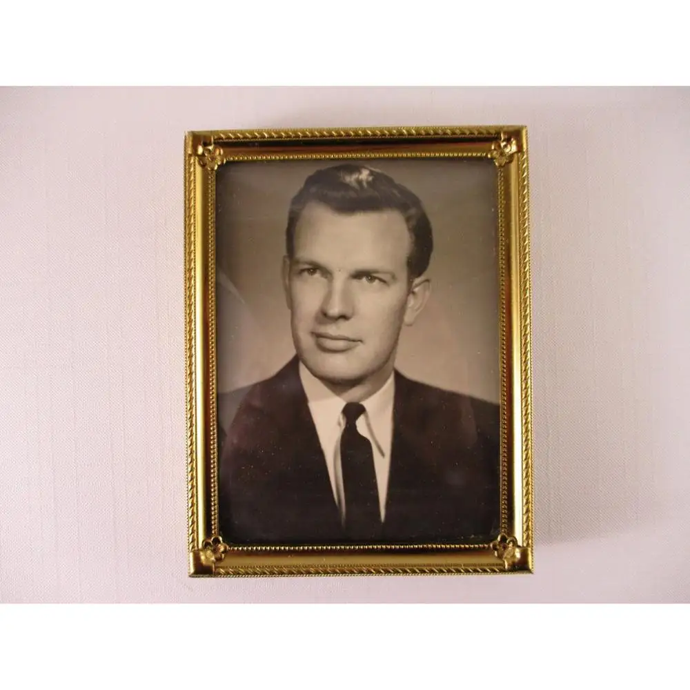 Convex Glass Embossed Gold Brass Desktop Picture Frame 3.5x4.5 Retro Photo