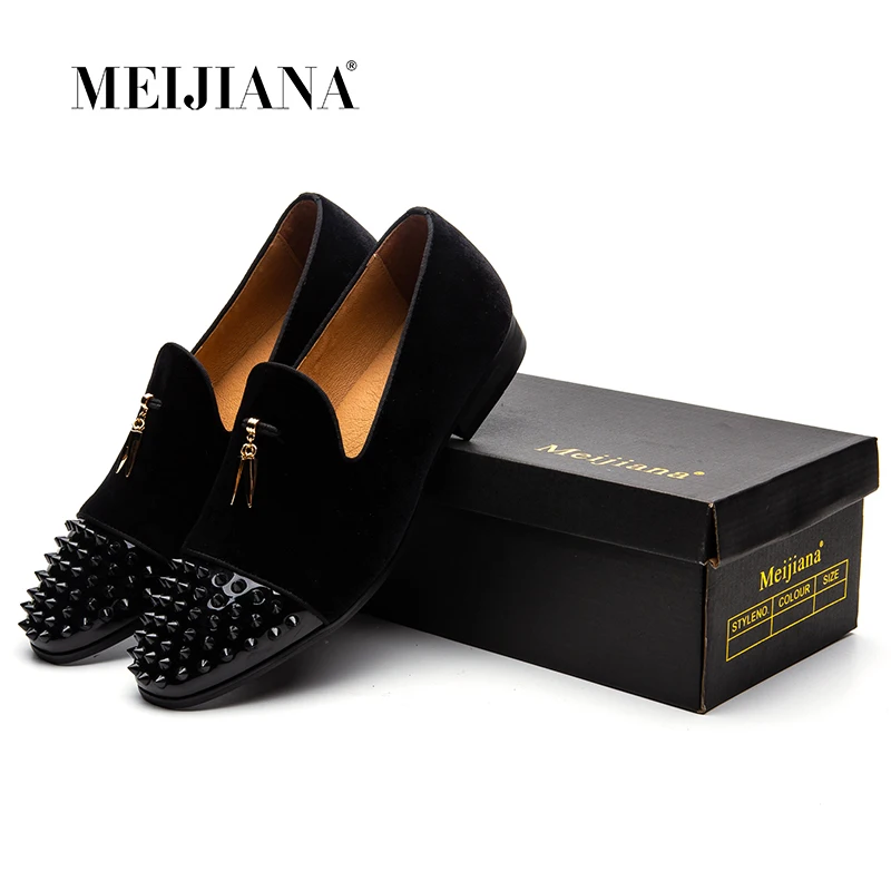 Men Loafers Black Suede Shark Tassel Slippers Shoes Luxury Dress Flats Genuine Leather Loafers