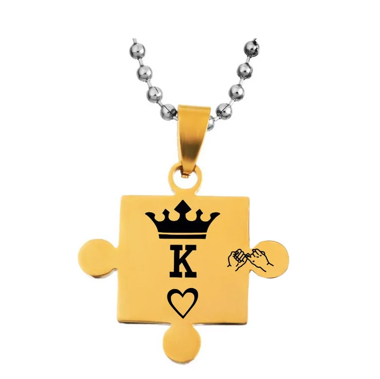 Wholesale Custom Logo Blank Dogtag Puzzle King Queen Necklace Jigsaw Poker Stainless Steel Pendant Lovers Necklace