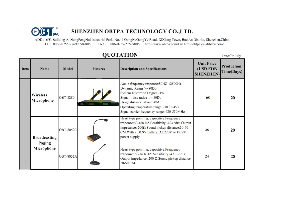 OBT-8052A Professional Condenser PA Paging Microphone with Chime