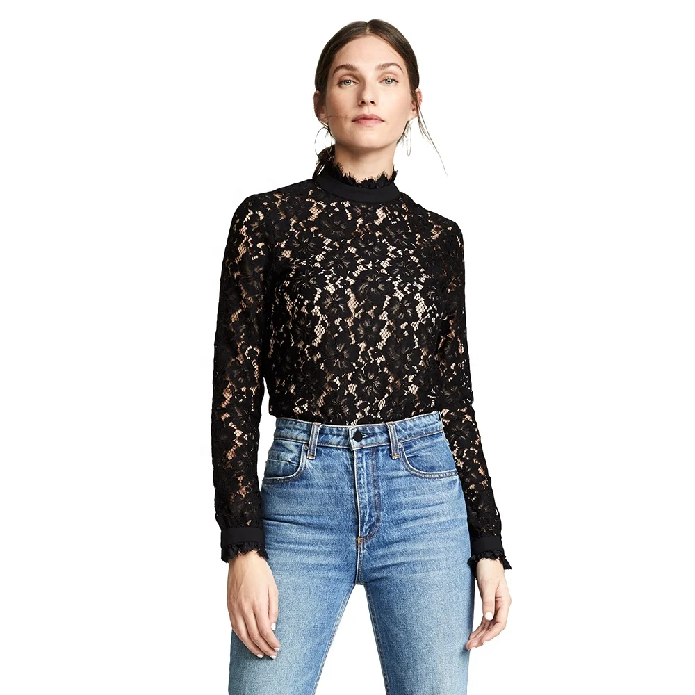 Autumn ladies long sleeves blouses tops black lace blouses shirts