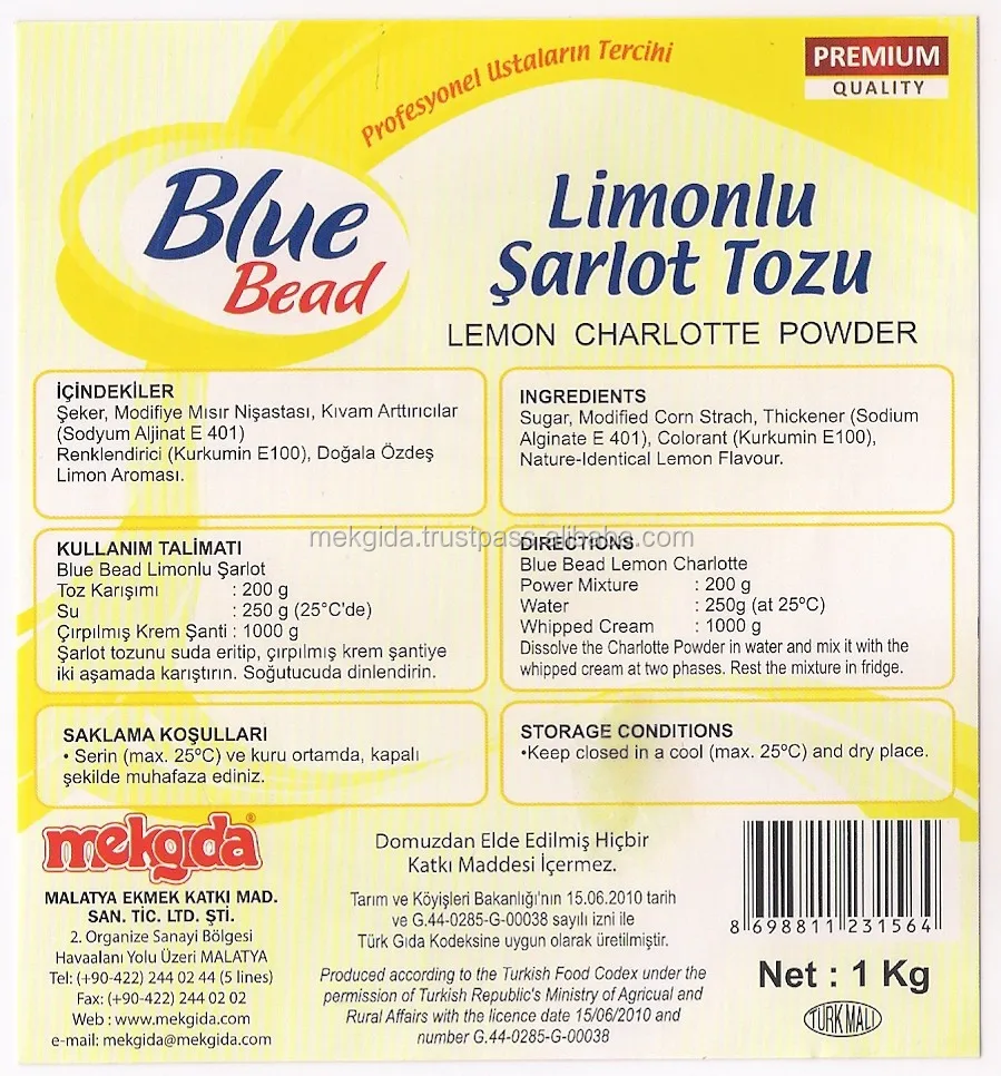Синяя бусина, лимонный кондитерский крем-порошок Charlotte