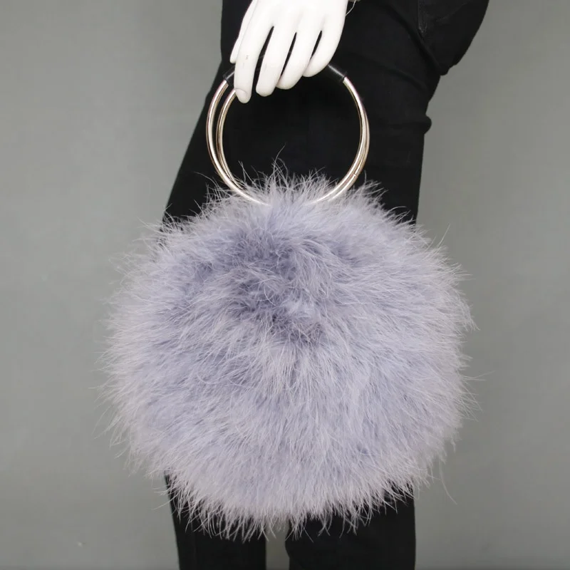 Fluffy turkey feather women hand bag ostrich hair round girl purse lady fashion