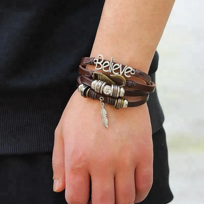 LIKA  Women Men Adjustable Alloy Feather Believe Letter Hook Multilayer Leather Bracelet