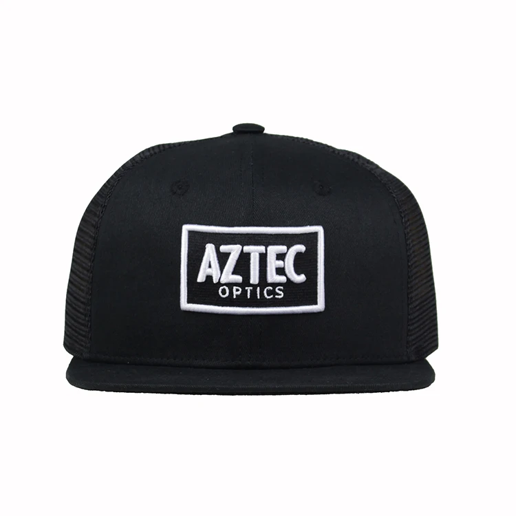 
Alegria High Quality Black Flat Brim Custom Embroidery Patch Mesh Snapback Trucker Cap 