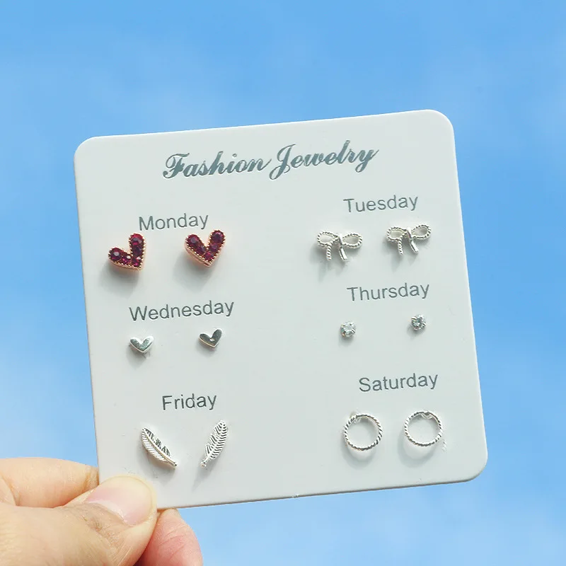 Cute silver needle color-preserving cute ear nail 100 sets of heart feather snowflake stud earing set for women