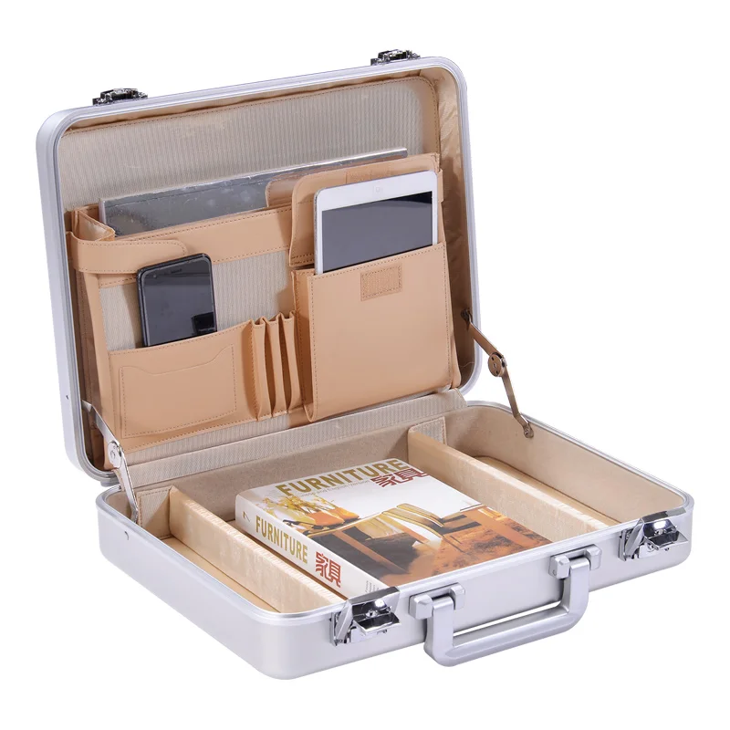 OEM Firm laptop tool case portable aluminium business  briefcase with leather lining