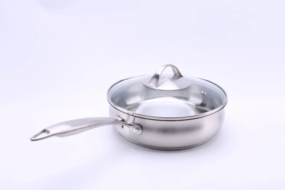 24CM 304 Stainless steel Matte surface deep frying pan with Tempered glass lid