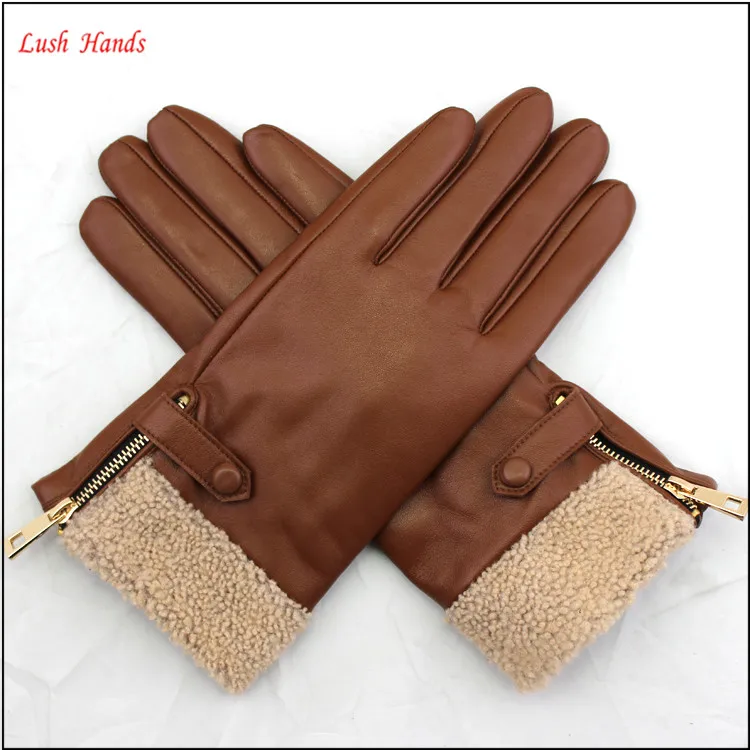 ladies cheap driving leather hand gloves with lamb fur