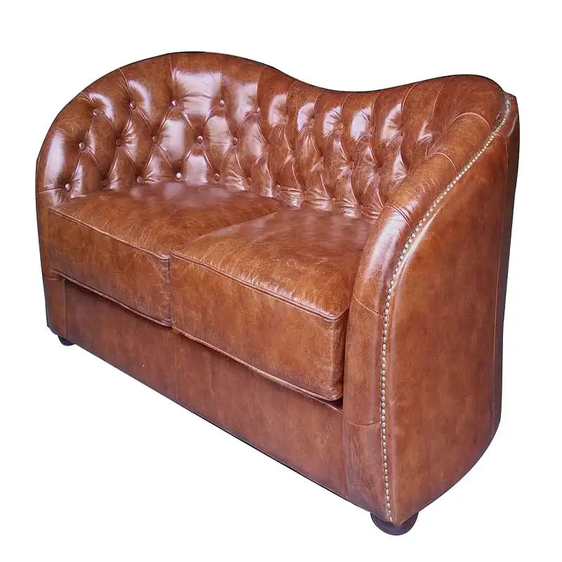 Hotel Chesterfield Tufted Button Back Vintage Brown Genuine Leather 1 Seater Sofa with Copper Nail