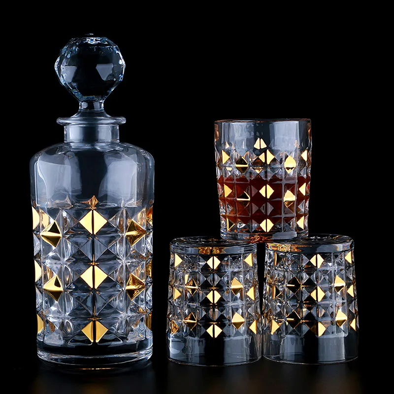 New Decorated Lead Free Crystal Glass Decanter Whiskey Set With 6 Whiskey Glasses