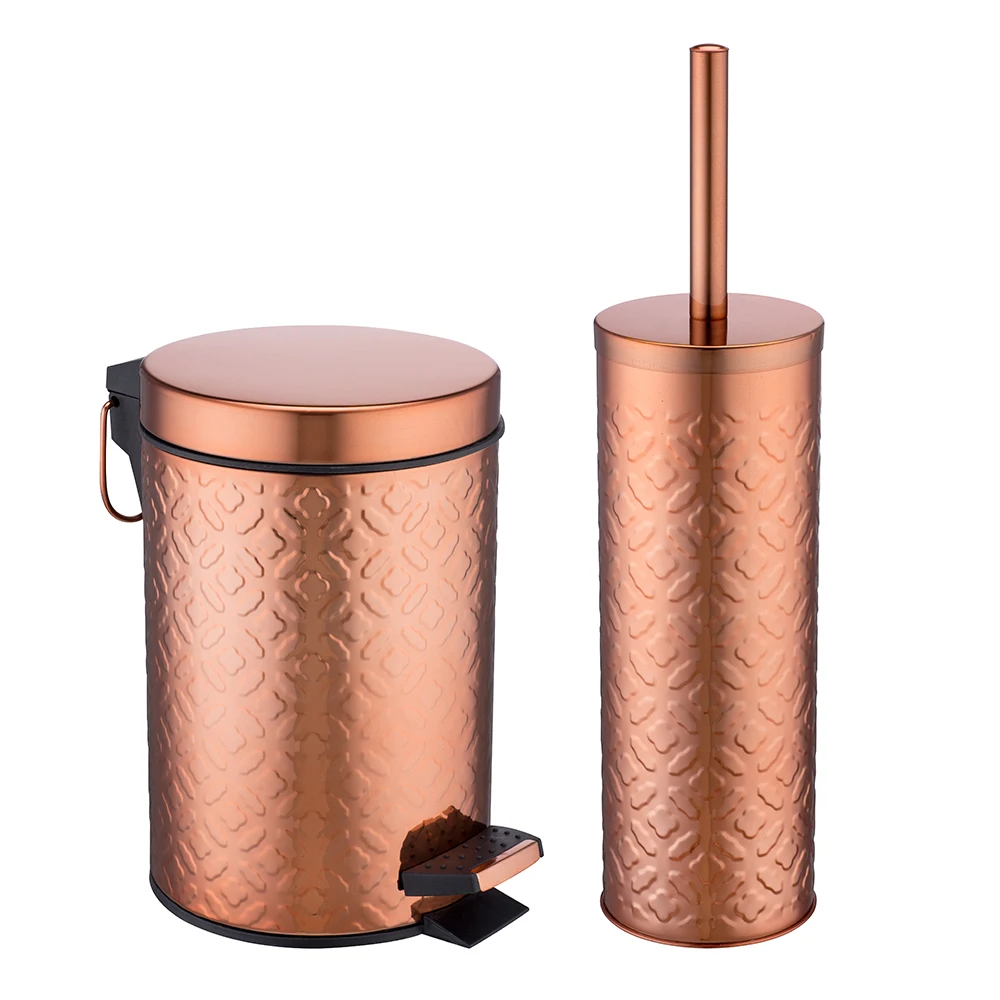 Golden 2pcs bathroom accessories stainless steel bathroom sets metal pedal waste bin with toilet brush holder sets