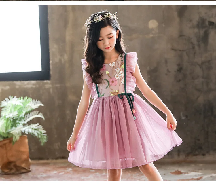 Girls Clothes OEM/ODM Fashion Roun Neck Ruffled sleeves Gray Mesh A-line Dress