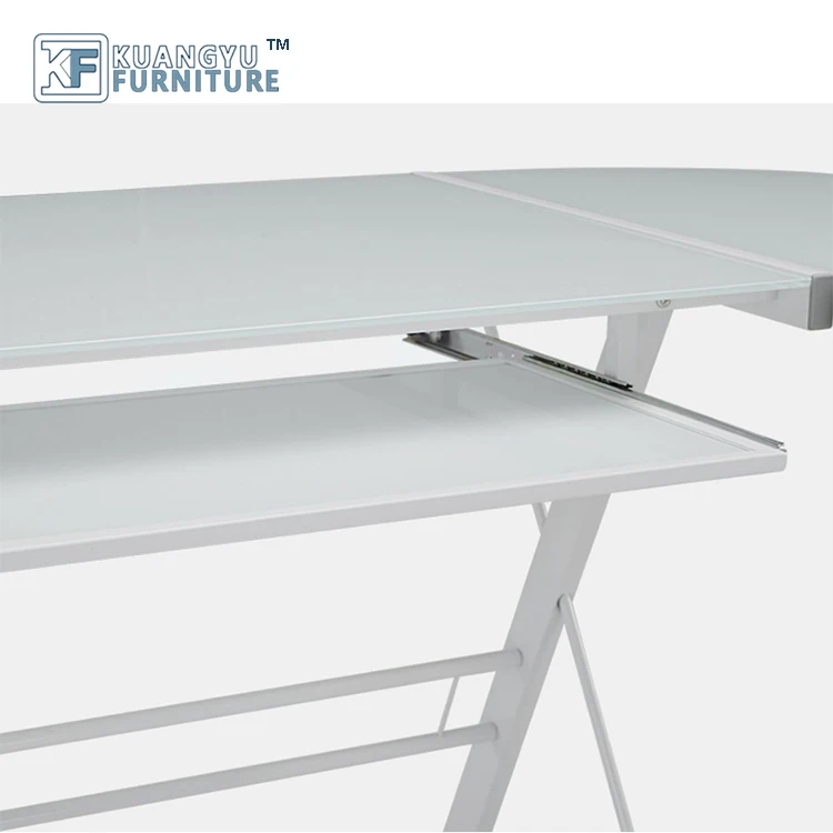 Mail order packing L-Shaped Computer Desk in White Finish ,Glass metal computer desk