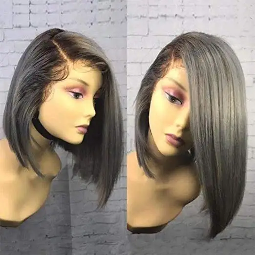 Qingdao factory Brazilian virgin Ombre 1B/Grey Short Bob Lace Wigs  Pre Plucked hair line with baby hair for black woman