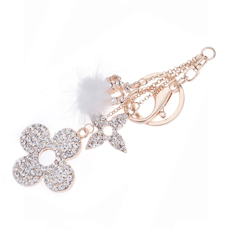 Creative Crystal Clover Flower Crown Key Chain Holder For Bag Fluffy Keychain