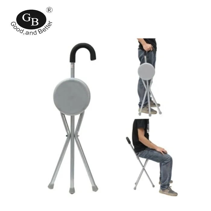 Three-legged Aluminum Folding Stool Chair Cane Walking Stick with Seat