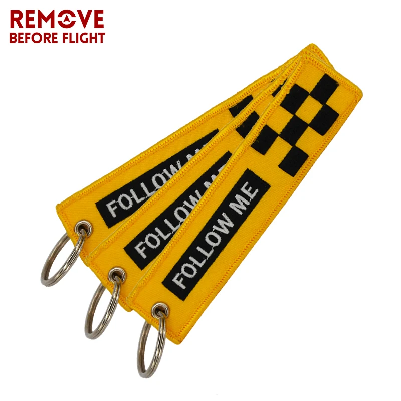 Remove Before Flight Keychain FOLLOW ME Yellow Keychain Jewelry Embroidery Safety Tag  Fashion Sleutelhanger