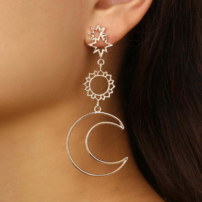 2019 Fashion Jewelry Women Long Drop Stud Earrings Rose Gold Vintage Hollow Sun Moon And Star Asymmetric Earrings Girls