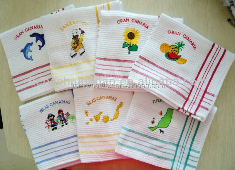
yarn dye waffle weaving kitchen tea towel with embroidery 