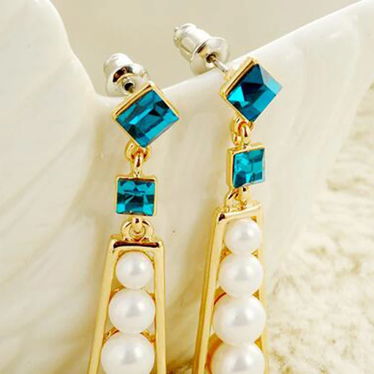 2017 New Model Fashion three pearls kc gold rectangle border blue prismatic Rhinestone women girl party jewelry charm earring