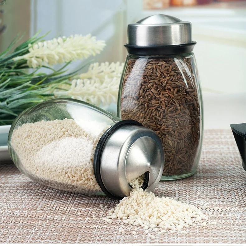 High quality stainless steel Rotary  Spice Jar set Glass condiment pot/bottle with spice rack