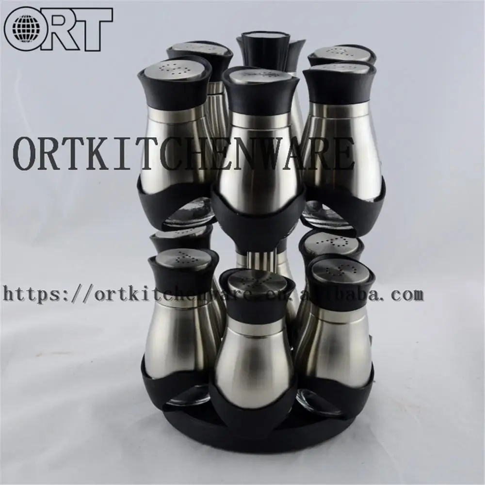 
mini glass spice jar set with metal sleeve and with rotating stand 