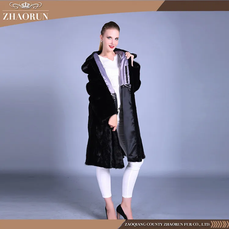 100% Real black long Mink Fur Coat With hat classic mink fur parka with hat