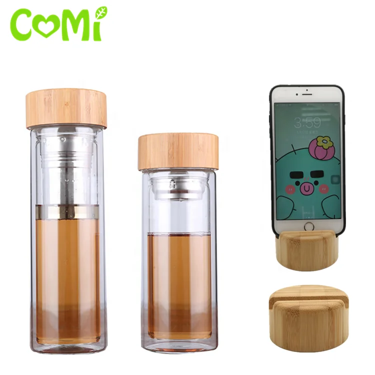 2020 new design 400ml Eco-Friendly double wall high quality Bamboo lid glass tea water drinking bottle