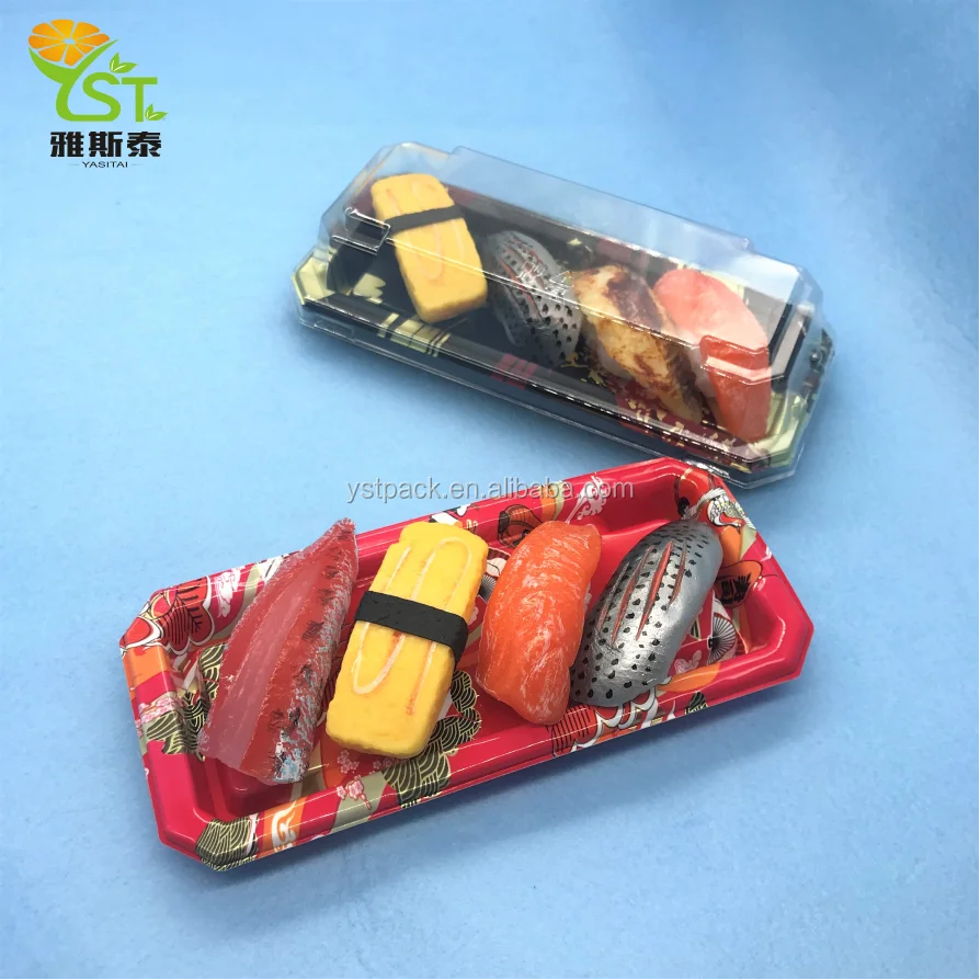 disposable takeaway black sushi tray with lid boat vacuum plastic sushi packaging