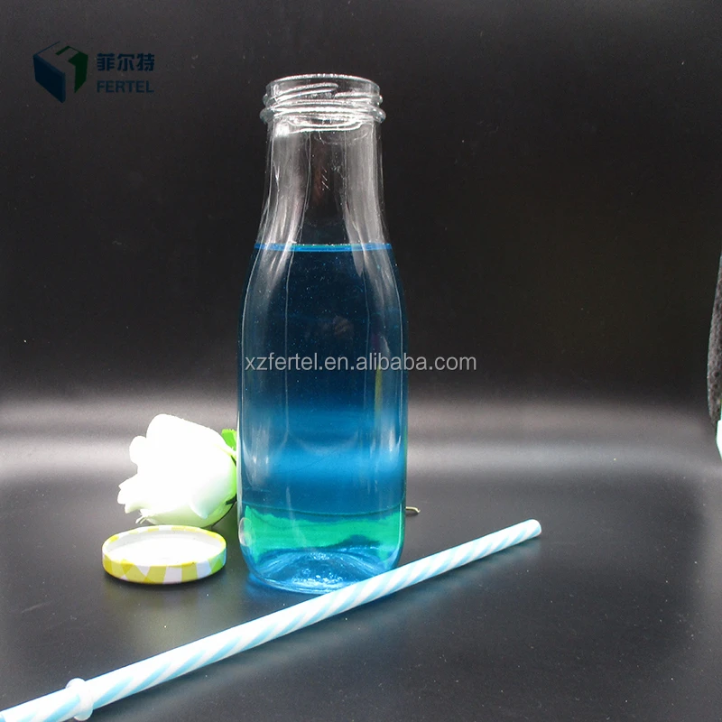 
250ml Custom Glass square juice bottle 400ml for milk with metal lid and straw 