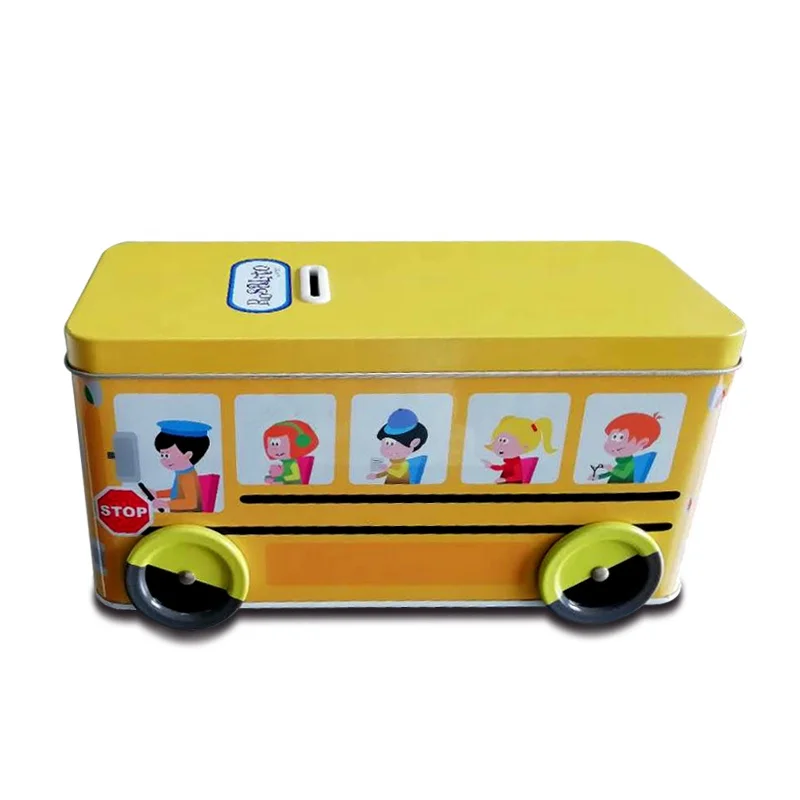 Custom Printed Bus Shape Piggy Bank Money Tin Box for Gift Each Tin Box in a Poly Bag, Proper Quantity Into an Exporter Carton.
