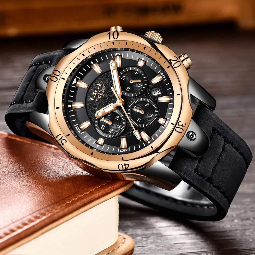 Alibaba stock quartz stainless steel back watch luxury lige watch men leather