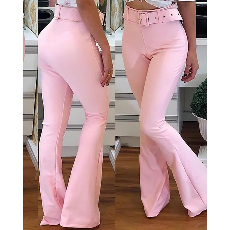 women solid polyester High Waist Bell-Bottom Casual long  flare leg Pants Flat front  waist belt  front zip fly full length
