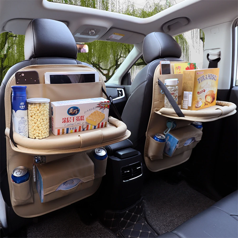 Black Car Backseat Organizer with Table Tray for Kids Travel with PU Leather Foldable Dining Table Desk Stowing Tidying Storage