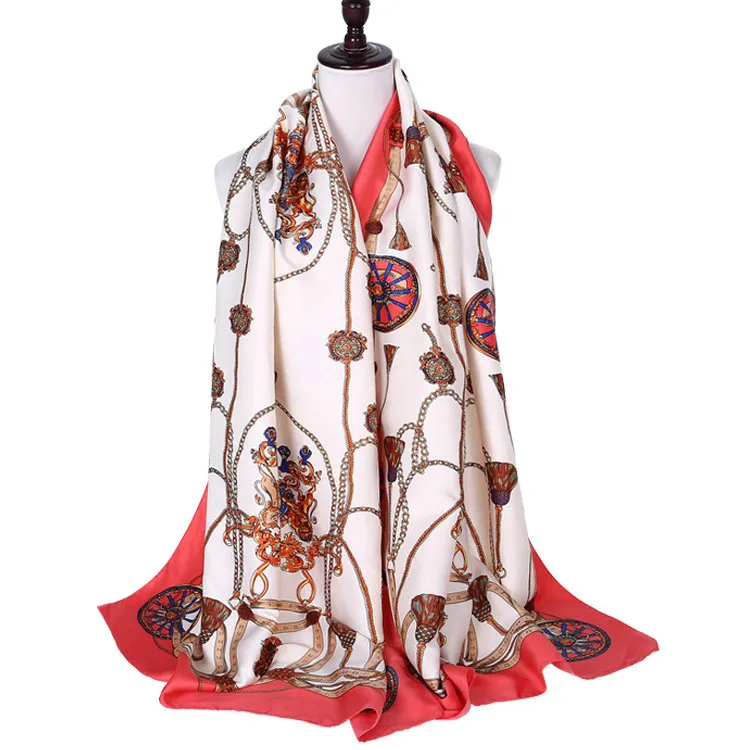 New fashion silk scarf custom red and green chain pattern printed scarves sunscreen shawl for women