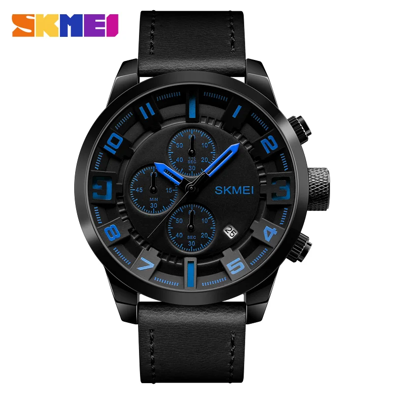 OEM accept SKMEI mens Watches Men Big Dial Stopwatch Leather Strap Waterproof  Male Clock  Men Fashion Watch Relogio Masculino