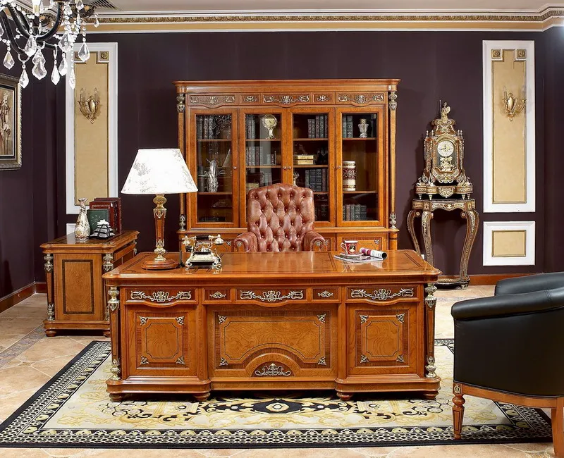 Bisini Home Antique Executive Office Desk Classic Solid Wood Reading Table With Swivel Chair & Bookcase BF05-E2929