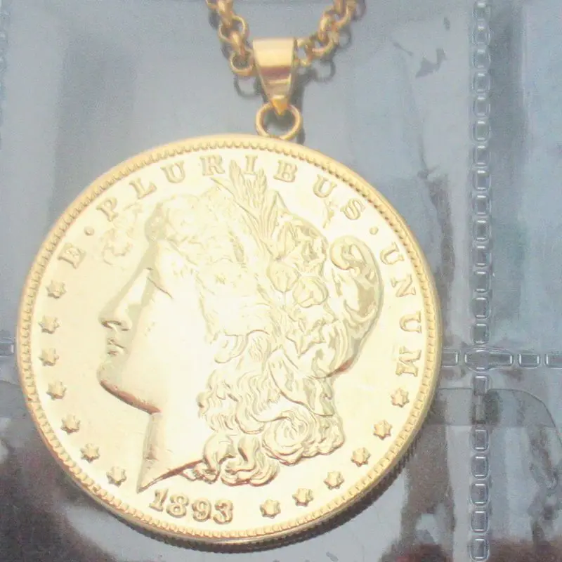 Fashion Jewelry Morgan Dollar Coin 1893 S Gold Plated Coin Pendant Necklace