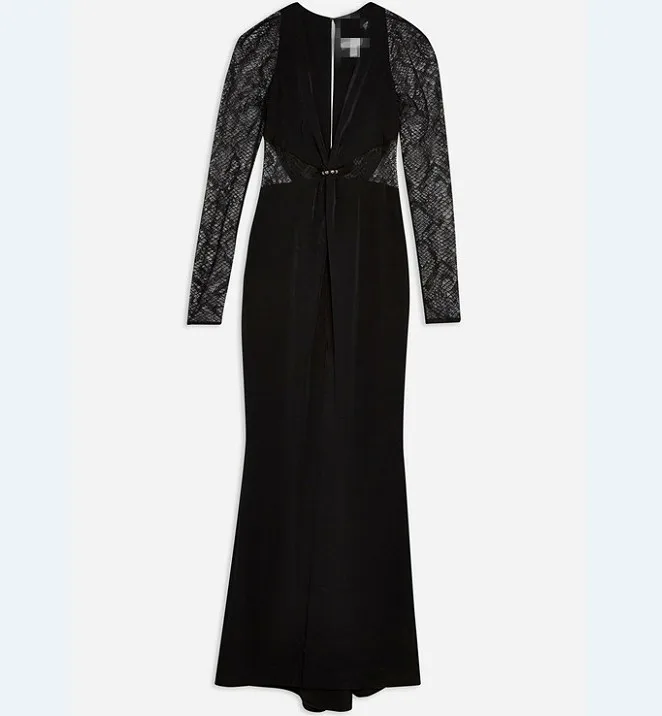 Sheer V neck long sleeve lace maxi dress with arms and waistband