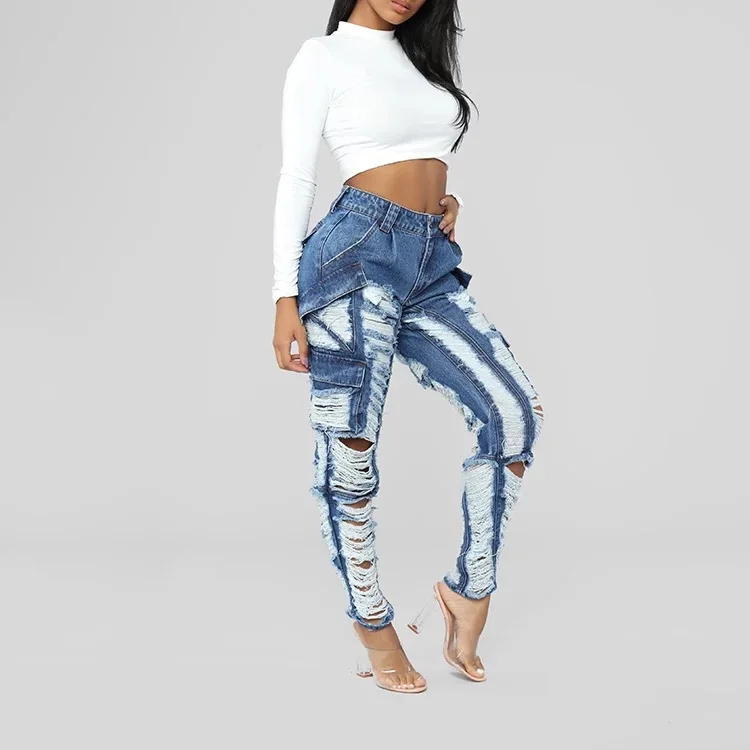 Xuhui Индивидуальные женские брюки большого размера с высокой талией состаренные длинные узкие женские джинсы