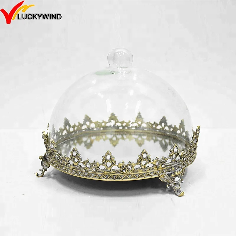 beaded metal gold Shabby Chic Vintage French Antique Cake Stand with glass dome