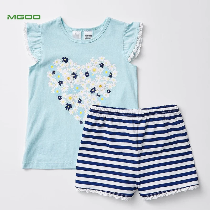 
MGOO Custom All Over Stripes Kids Pyjama Shorts Round Neck Children Sleepwear Girls Nightwear with Lace Trim 