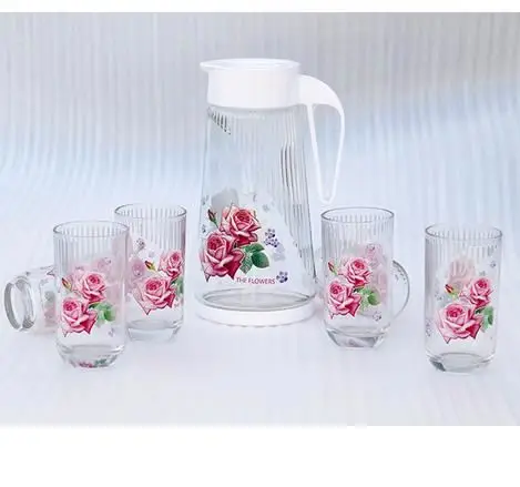 
New design 7pcs decal printed glass drinking jug set with 1 jug & 6 glasses cup/water&juice pitcher set 
