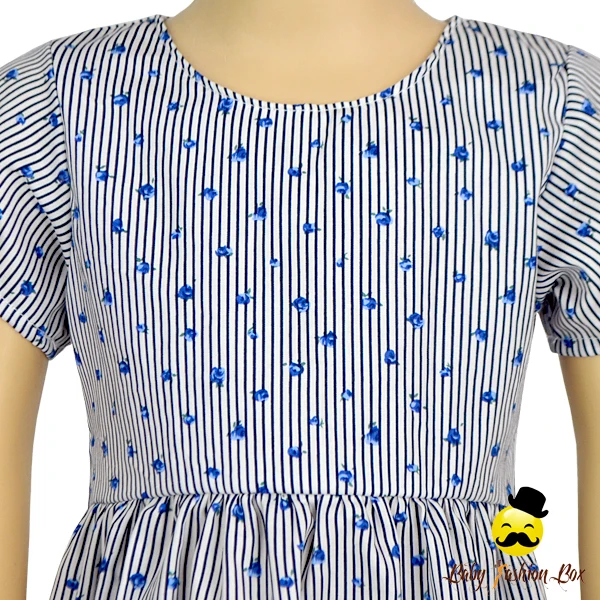 48BQA244 Fancy Small Flower blue Print Top Style Dress Girls Party Wear Kids Beautiful Model Dresses