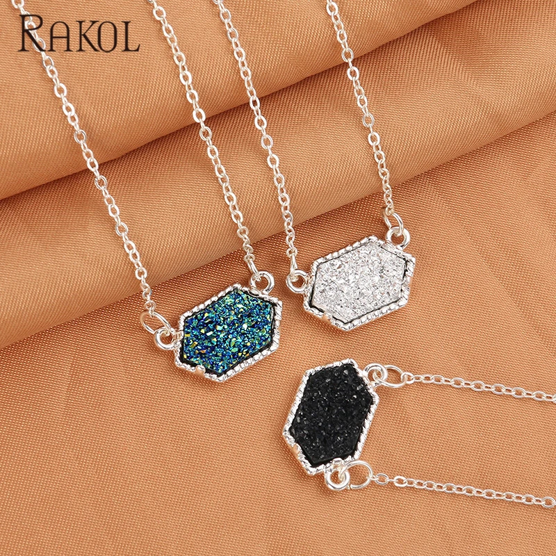 RAKOL NN036 Women Natural Stone Jewellery Pendant Necklace Druzy Crystal Gold/Silver Plated Bar Pendant Jewelry