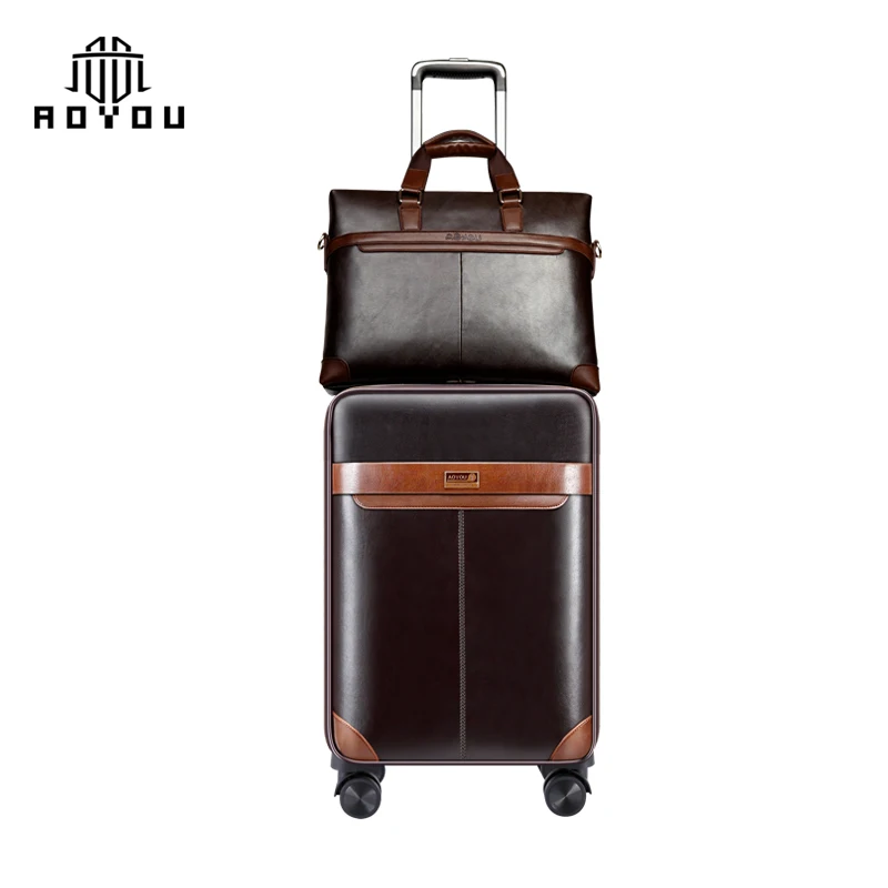 2019 High quality business men PU luggage leather suitcase with briefcase and TSA Lock